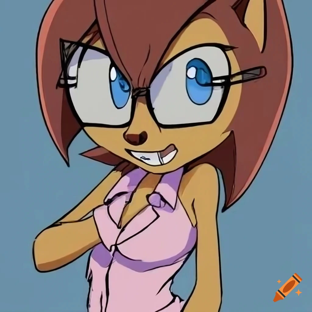 Character with black pixie cut hair, pink shirt, and glasses