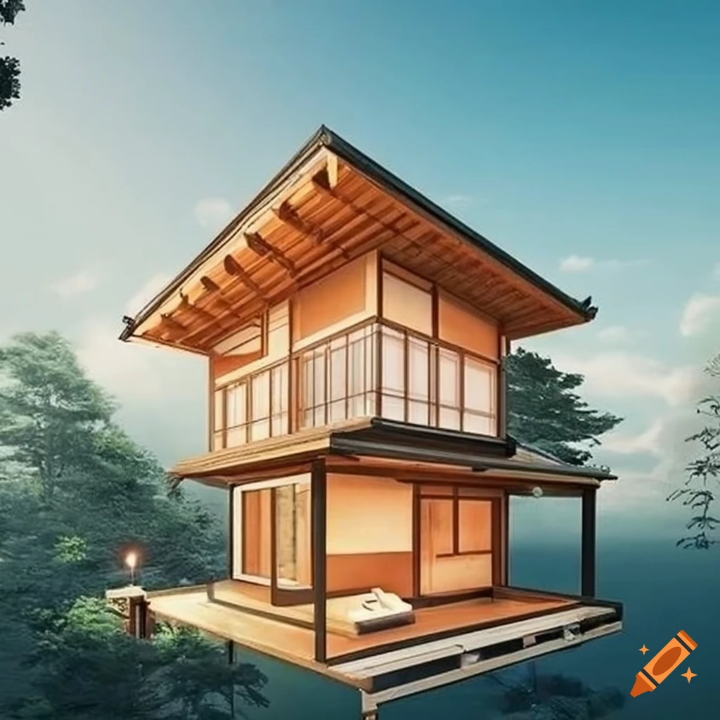 Japanese style home design with 1 bedroom, solid wood frame, flat roof, and balcony