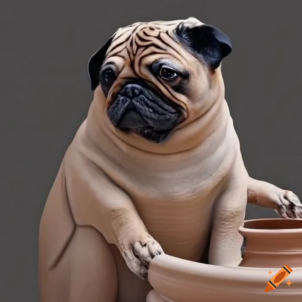 Adored pug creating pottery at a wheel