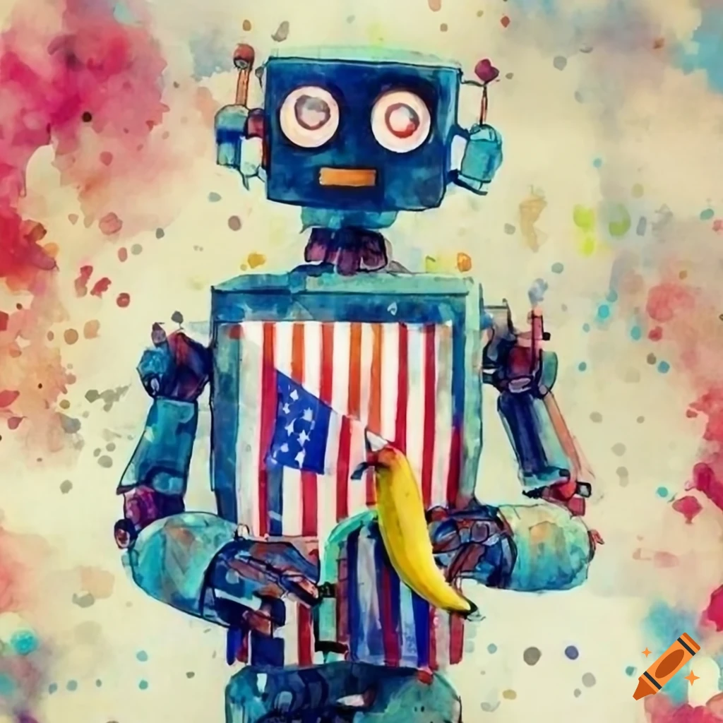 Robot holding a banana with stars-and-stripes flags at the Capitol building