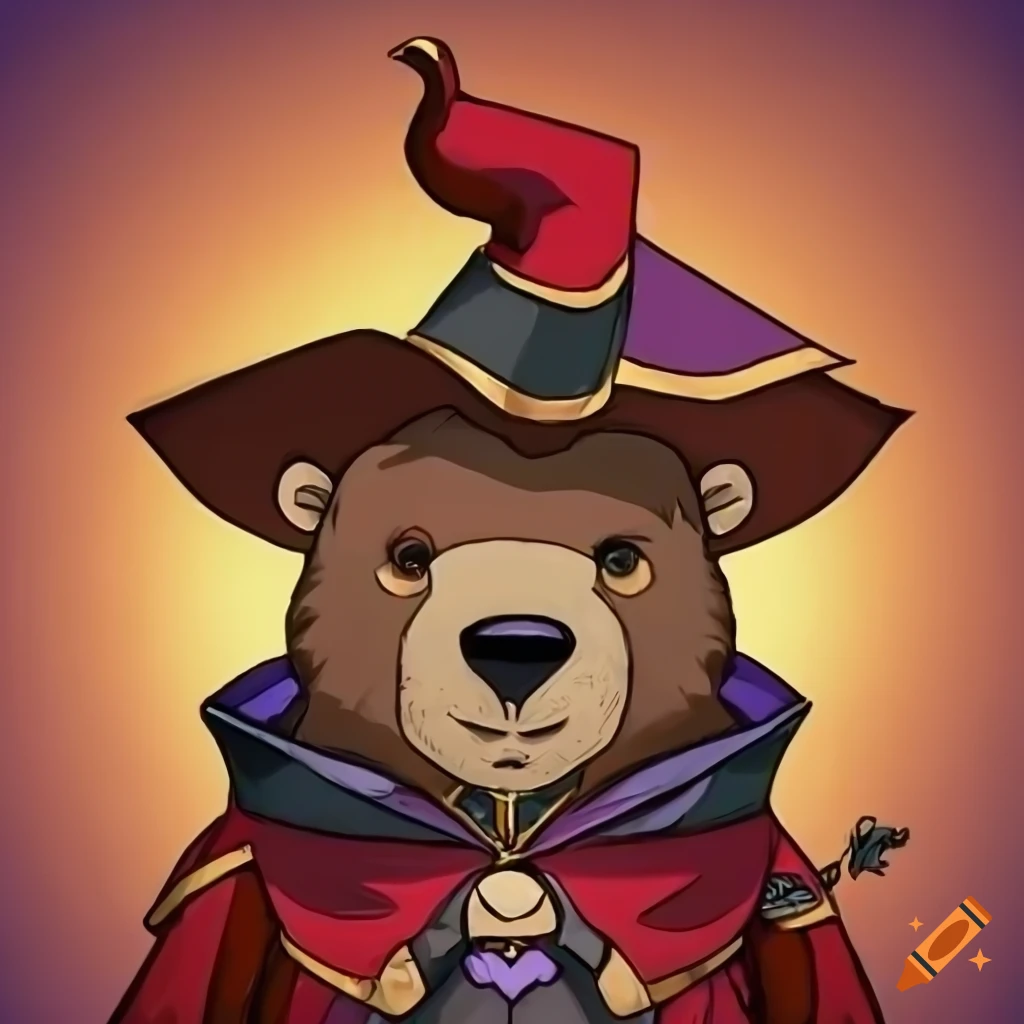 Cartoon brown bear in red mage attire inspired by Final Fantasy 14
