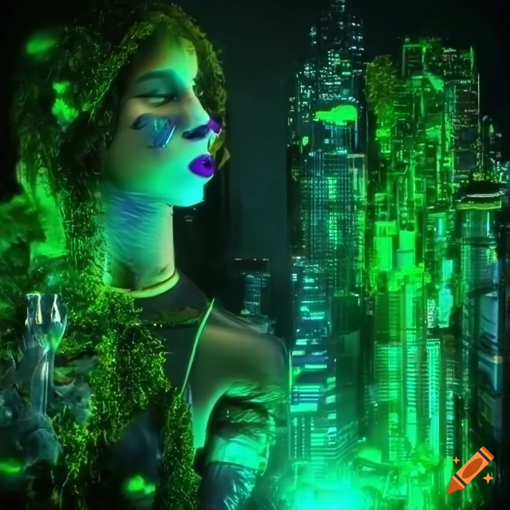 Glowing biopunk cityscape with green moss, plants, mushrooms, crystals, and cyborg goddesses