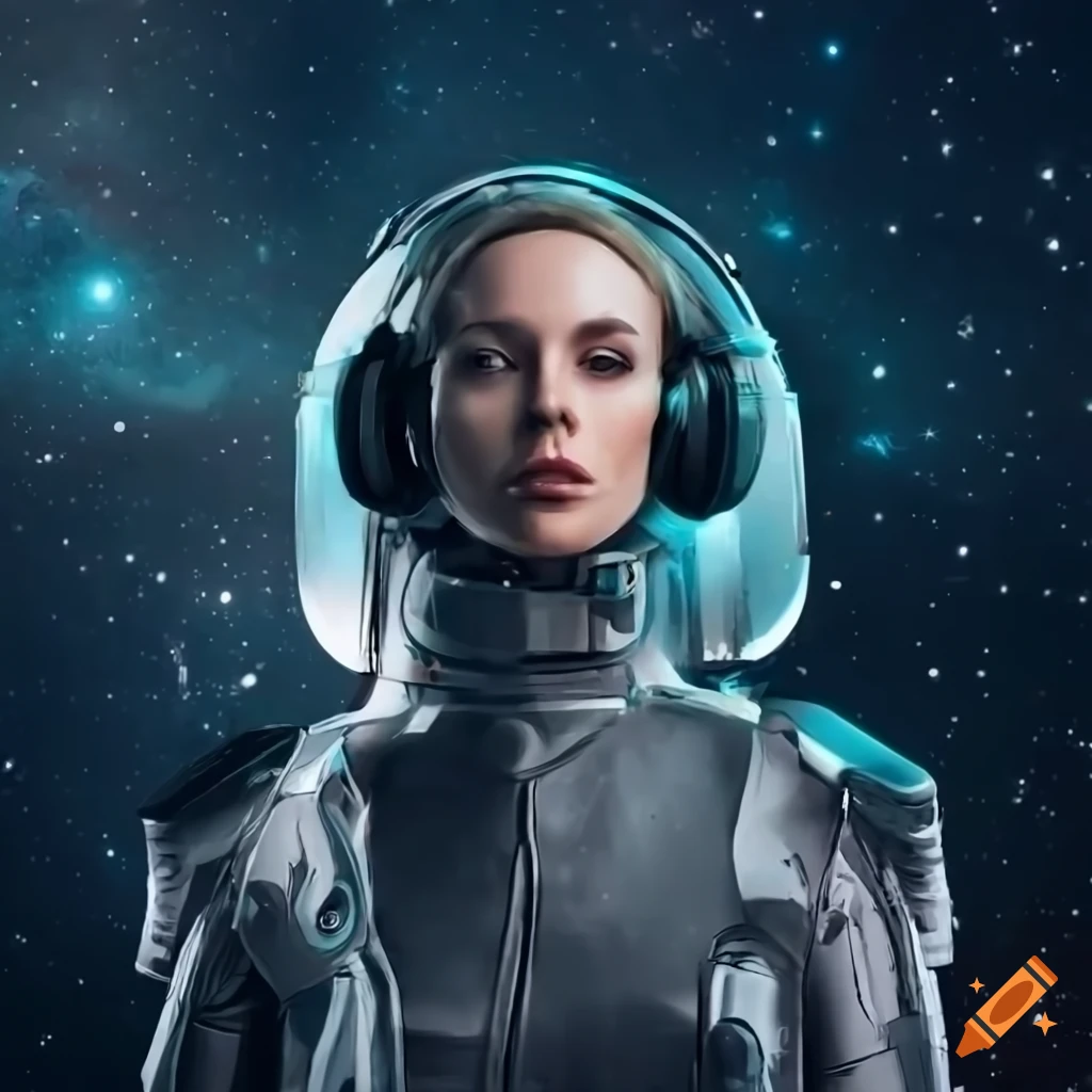 Beautiful woman in futuristic spacesuit with headphones in space ...