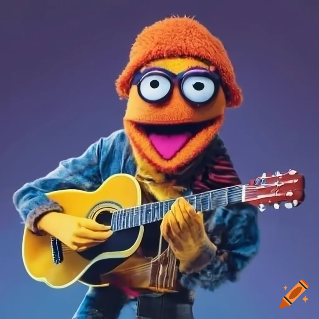 Muppet musician playing a yellow guitar with passion on Craiyon