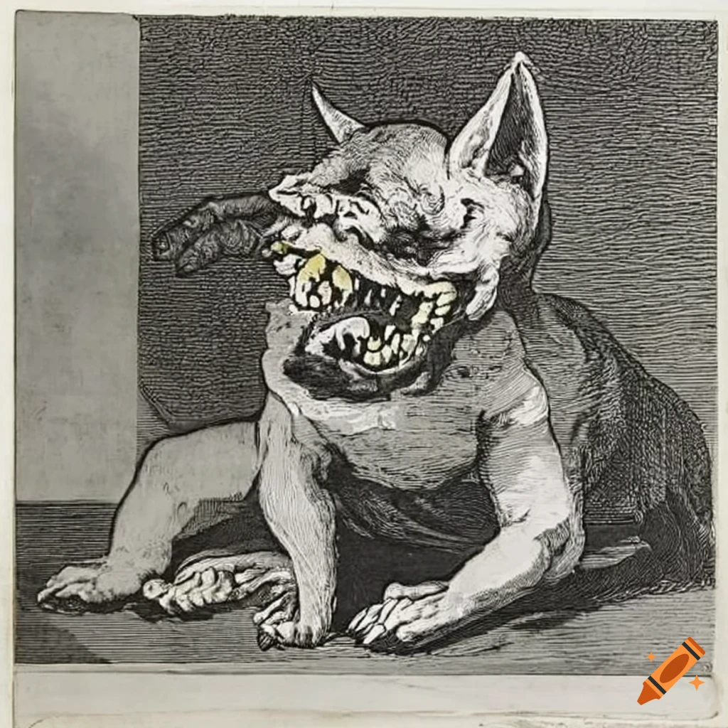 Dark etching of a feline monster with unique features by Goya