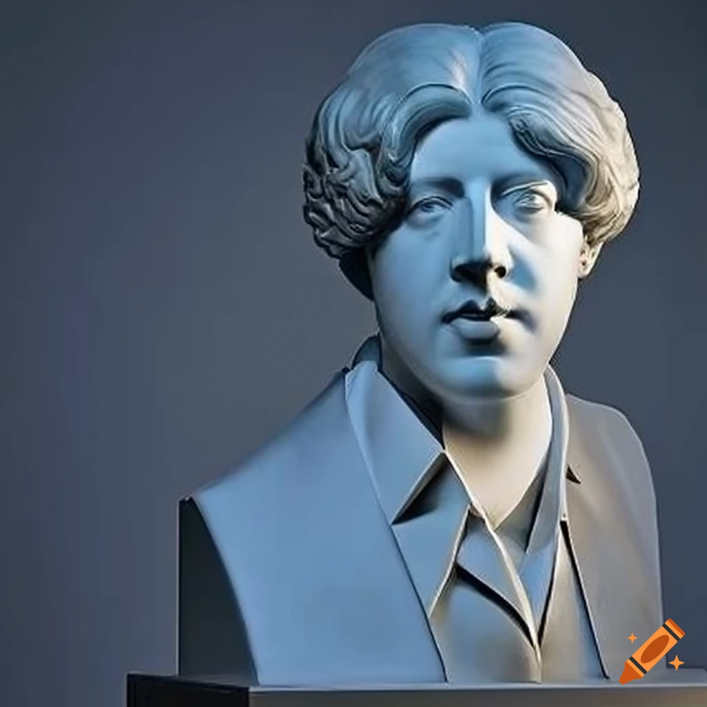Oscar Wilde's intricate marble bust illuminated by soft overhead light