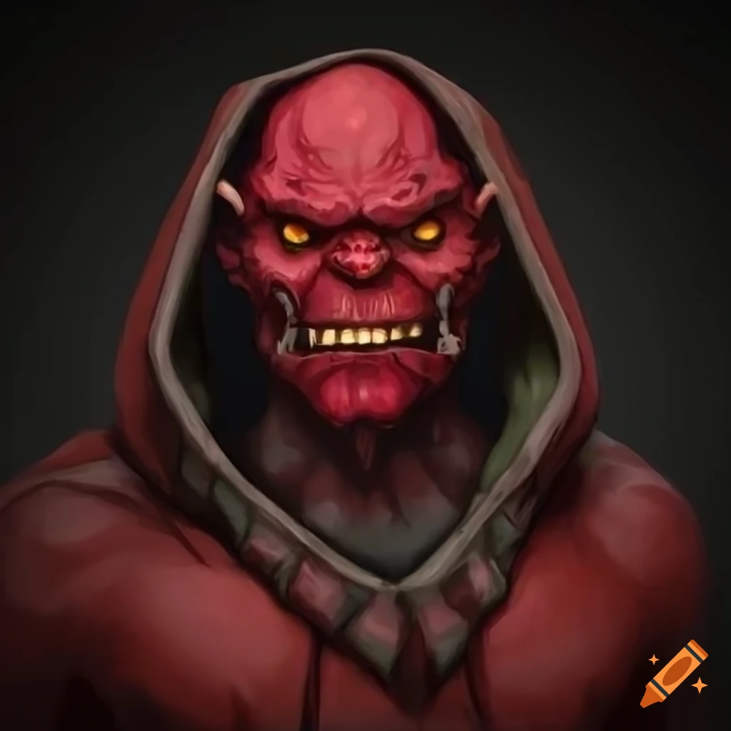 Red-skinned orc necromancer in a dark cloak
