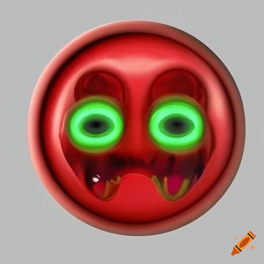 Abstract illustration of a red round face with green teeth on Craiyon