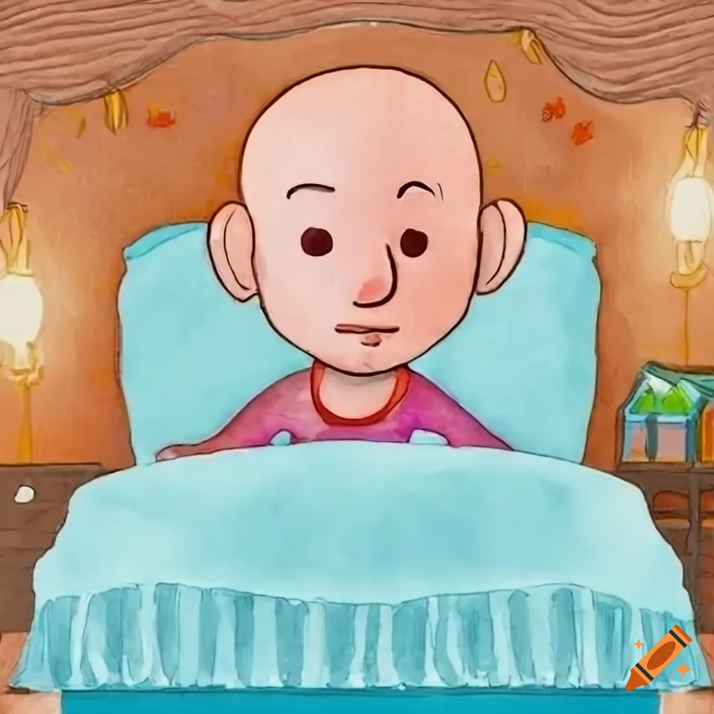 Cartoon bald man with stubble in bed ready to say good night