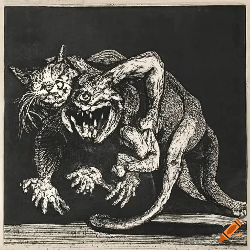 Feline monster with unique features in a dark etching style by Goya