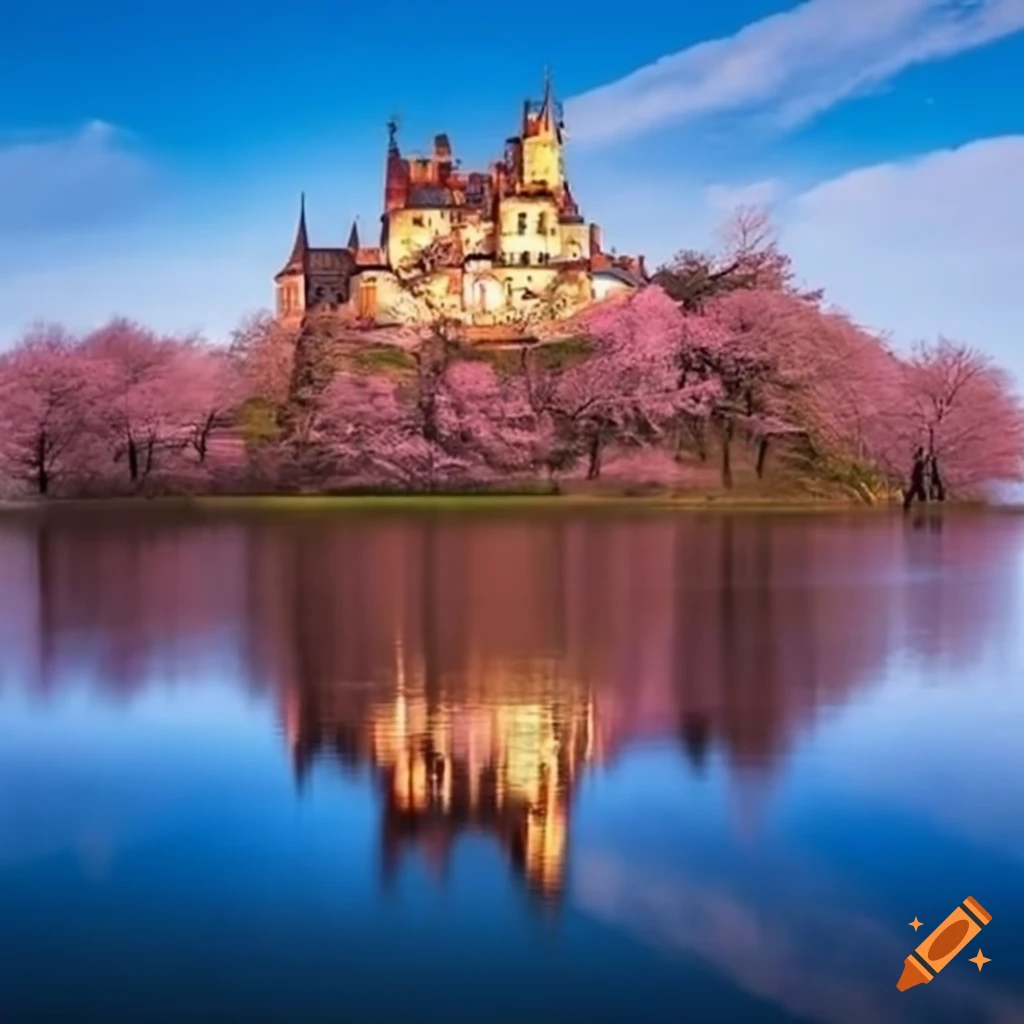 Castle by a cherry blossom reflecting lake on Craiyon