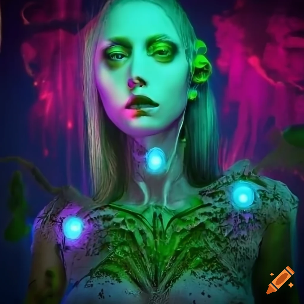 Glowing biopunk cityscape with green moss, plants, mushrooms, crystals, and cyborg goddesses