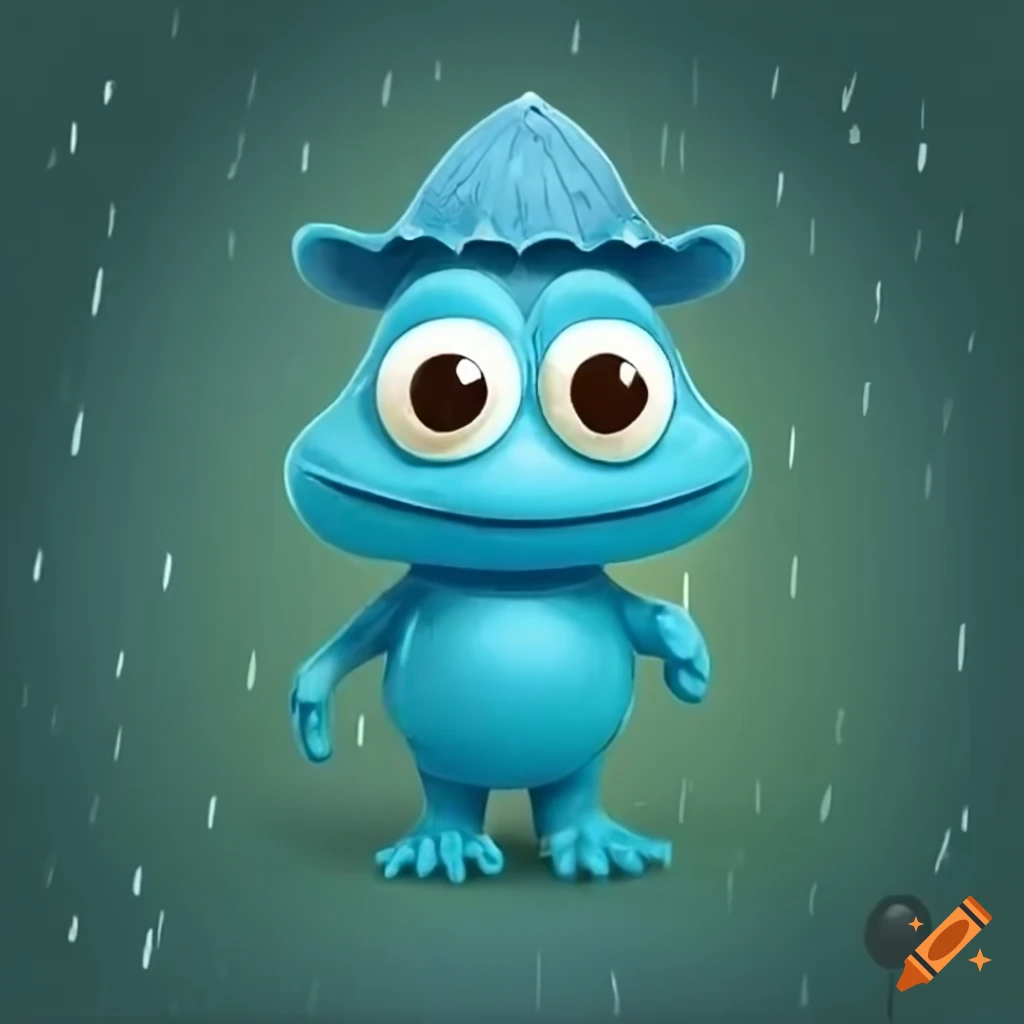 Happy frog with a hat and backpack walking in the rain in a forest setting