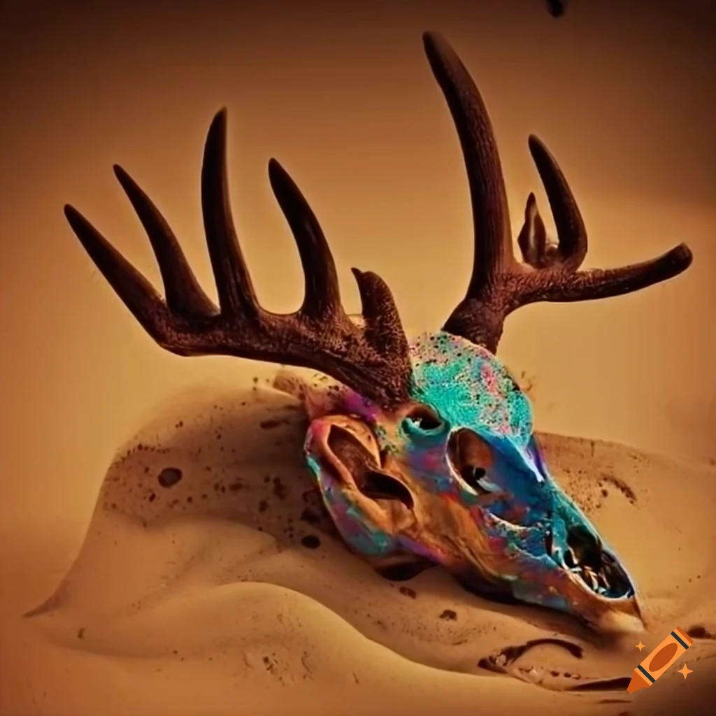 Colorful deer skull in the sand