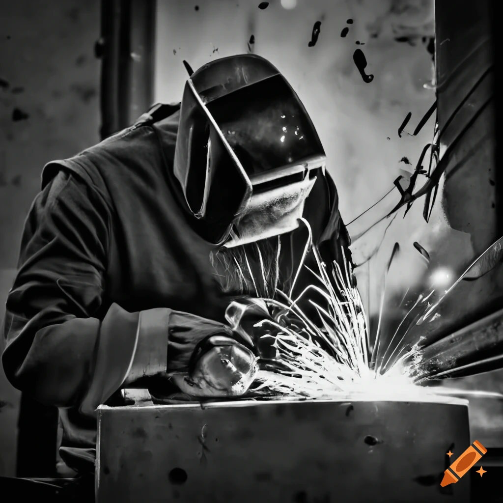 Black and white image of a welder at work