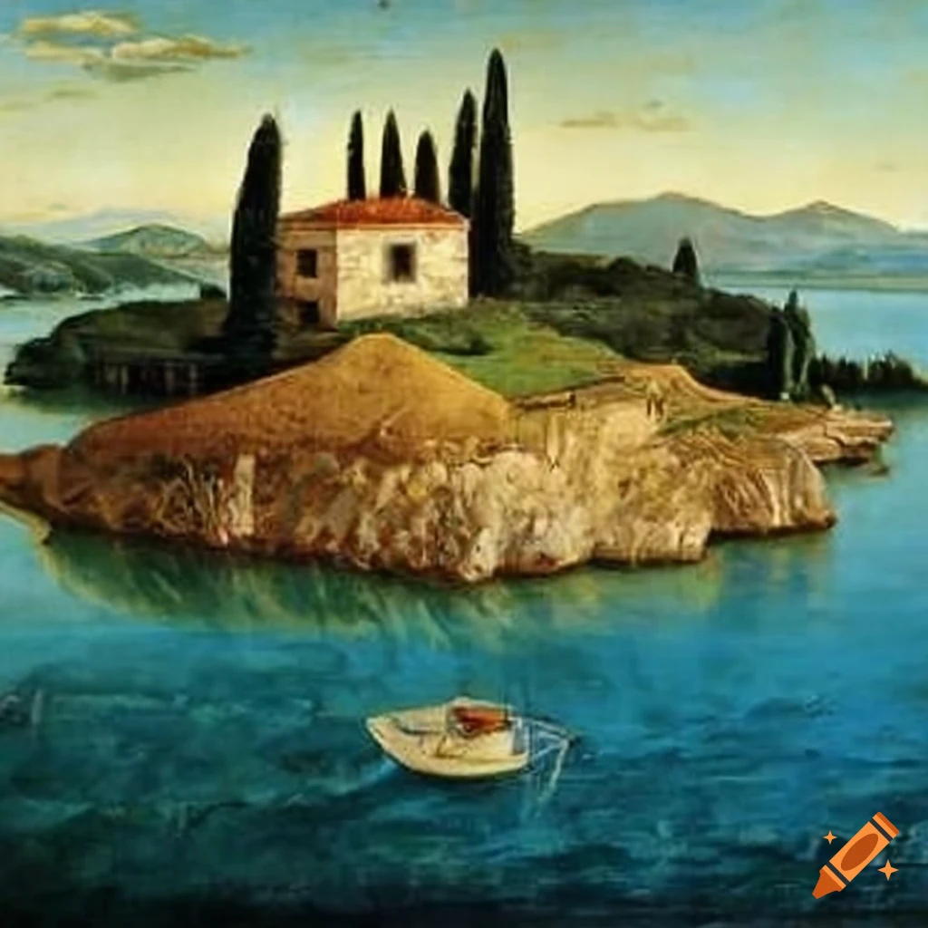 Small island in the Mediterranean with stone house and cypress trees, oil painting by Sandro Botticelli