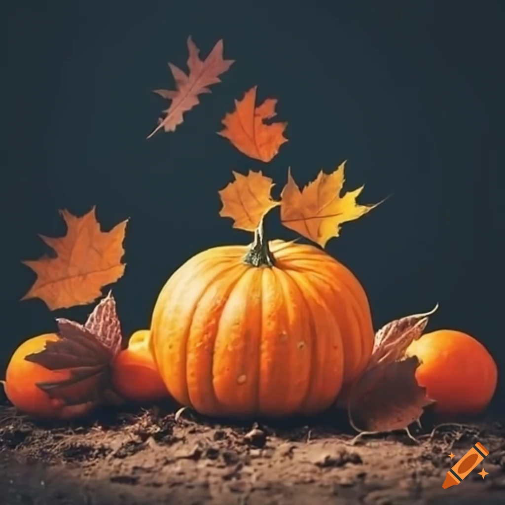 Autumn leaves falling on pumpkins, carrots, and oranges on soil