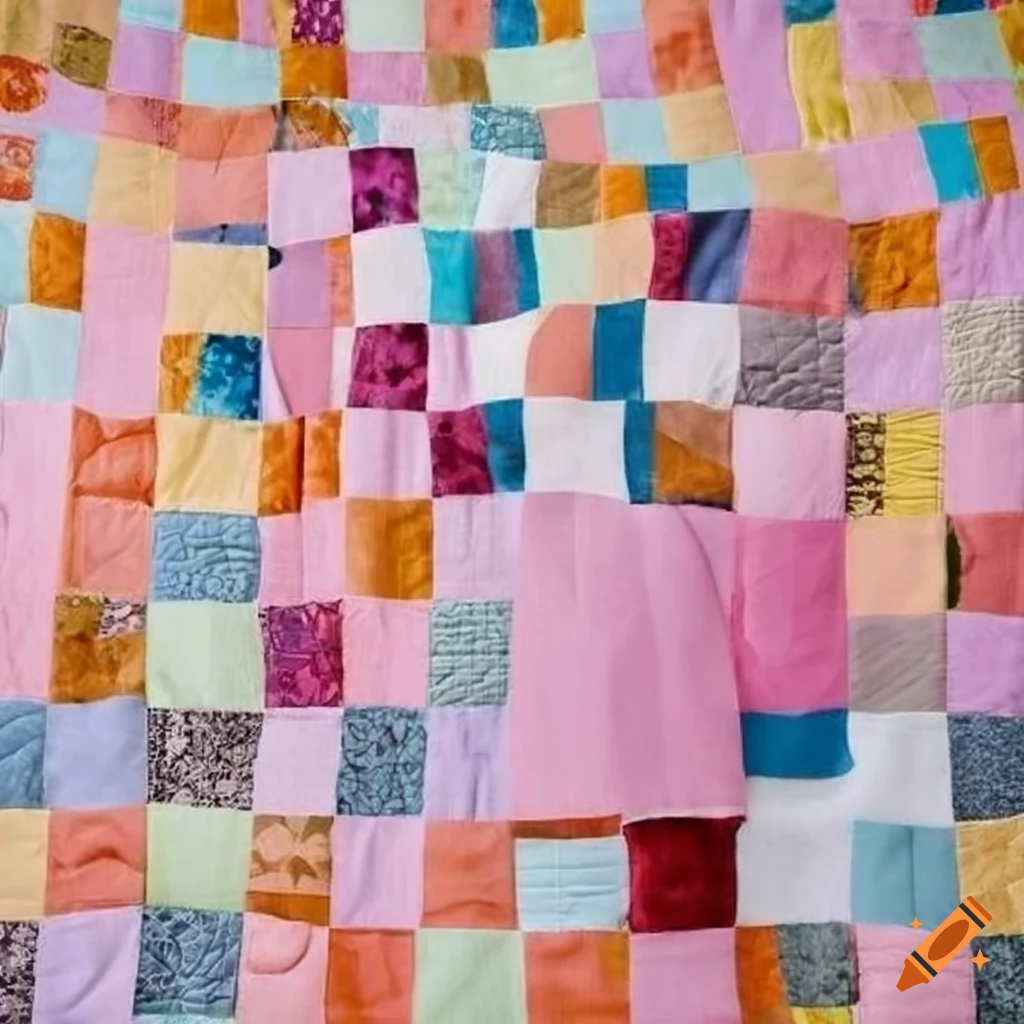 Artistic rendition of an intricately arranged pastel quilt with squared patches of various textures and colors