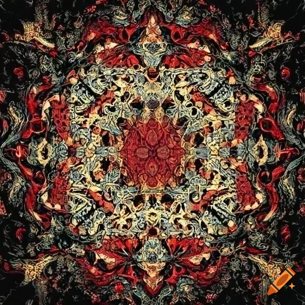 Intricate vintage geometrical design in silver, gold, red, and black colors