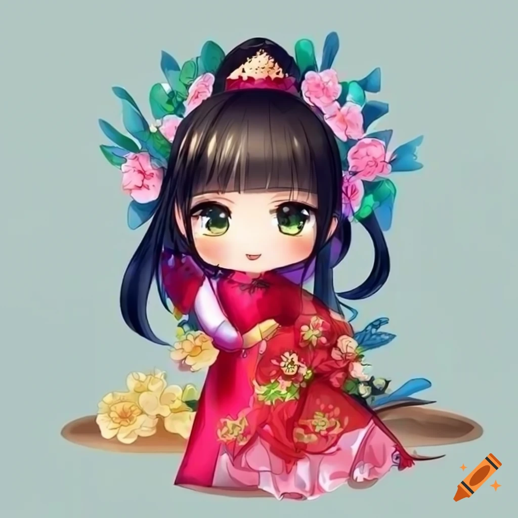 Chibi anime illustration of Vietnamese girl in ao dai dress with traditional flowers