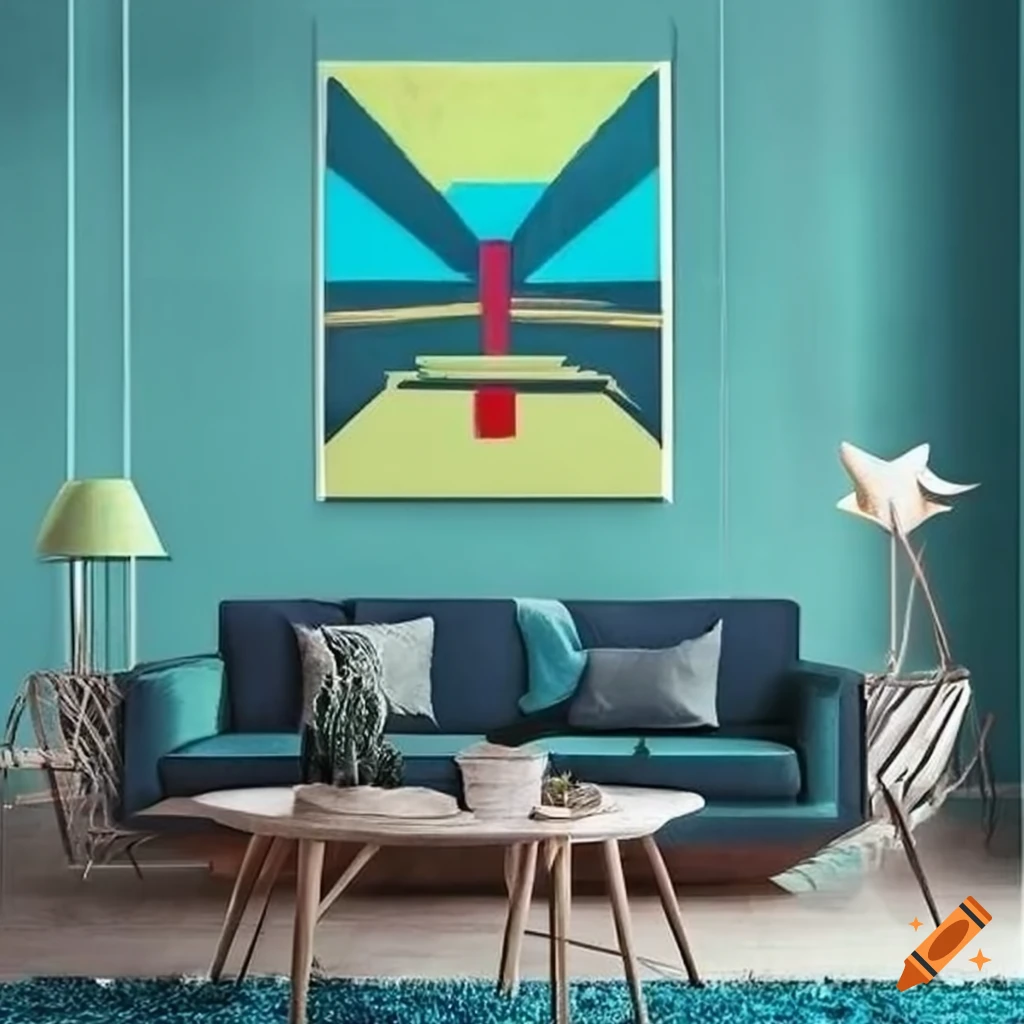 Vibrant midcentury modern interior with retro shagstyle wall art on
