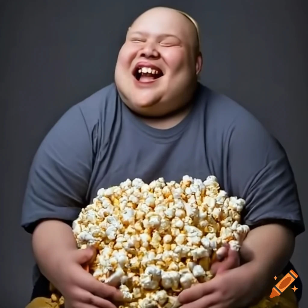 Happy blonde guy surrounded by popcorn
