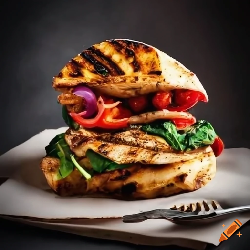 Grilled chicken strips with roasted bell peppers, sautéed onions and mushrooms, spinach, tomatoes, feta cheese, avocado, and chipotle mayo in a whole wheat tortilla