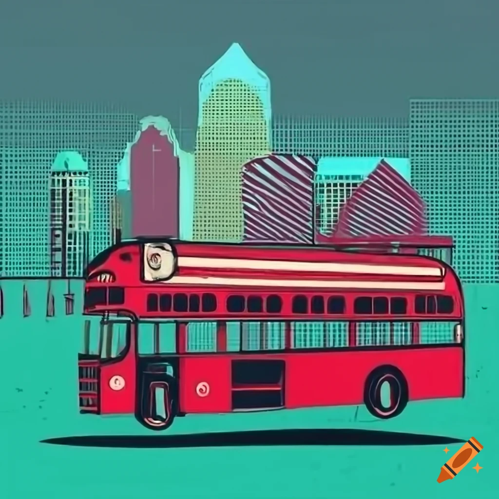 Red double decker bus in downtown raleigh with skyline in retro pop art