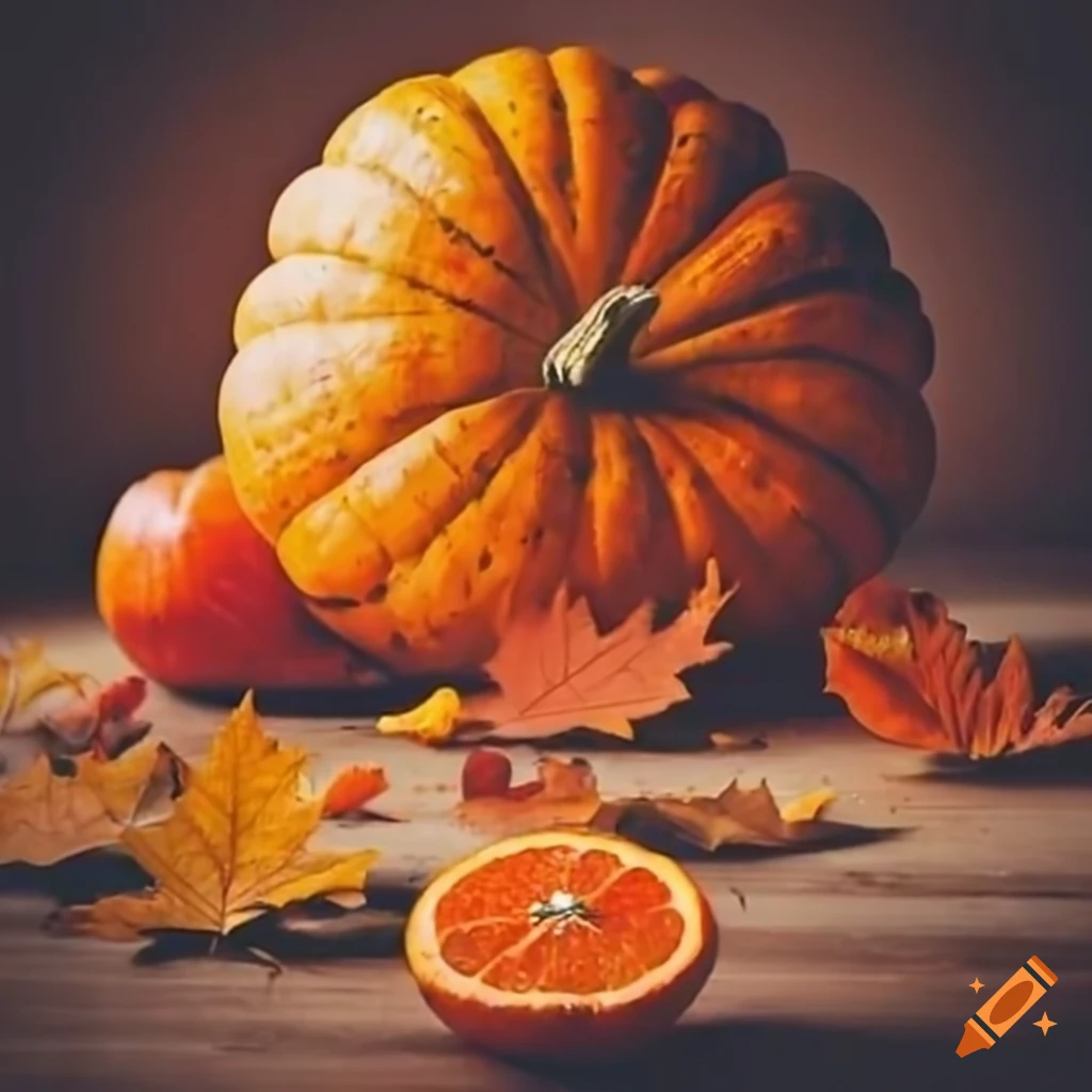 Autumn leaves falling on pumpkins, carrots, and oranges