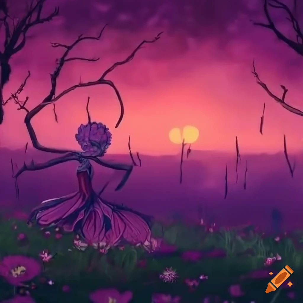 Whimsical pink fairies dancing in a flowery meadow at sunrise