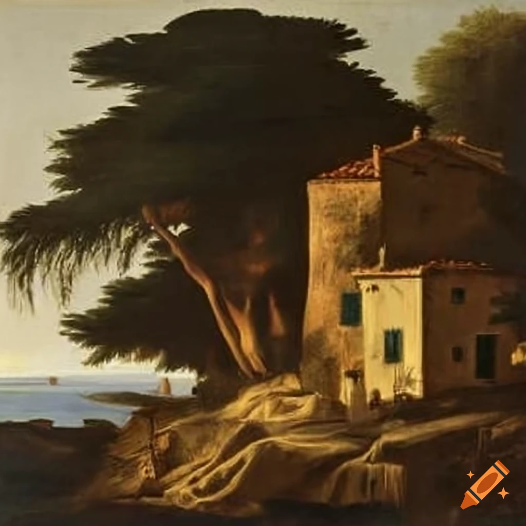 Small island in the Mediterranean with stone house and cypress trees in oil painting style