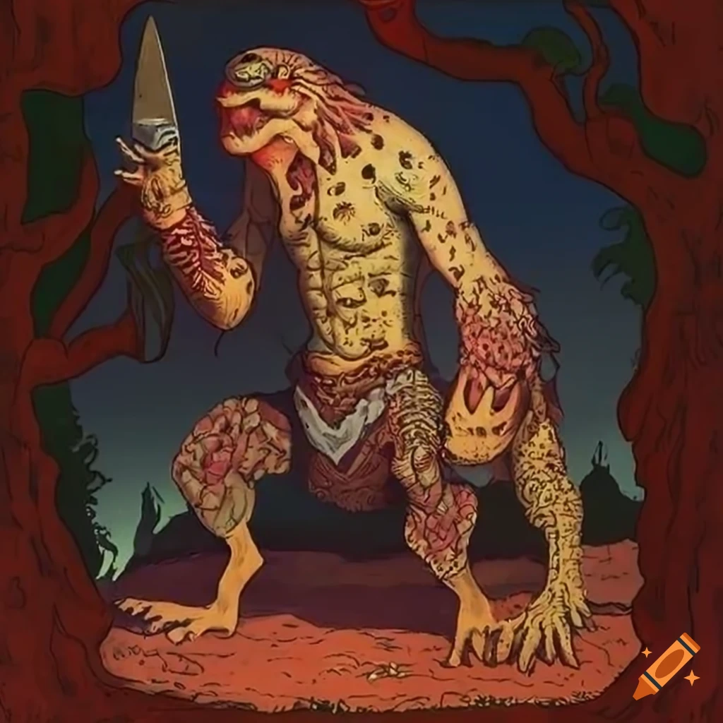 One-eyed mountain monster wielding a sword with intricate body art ...