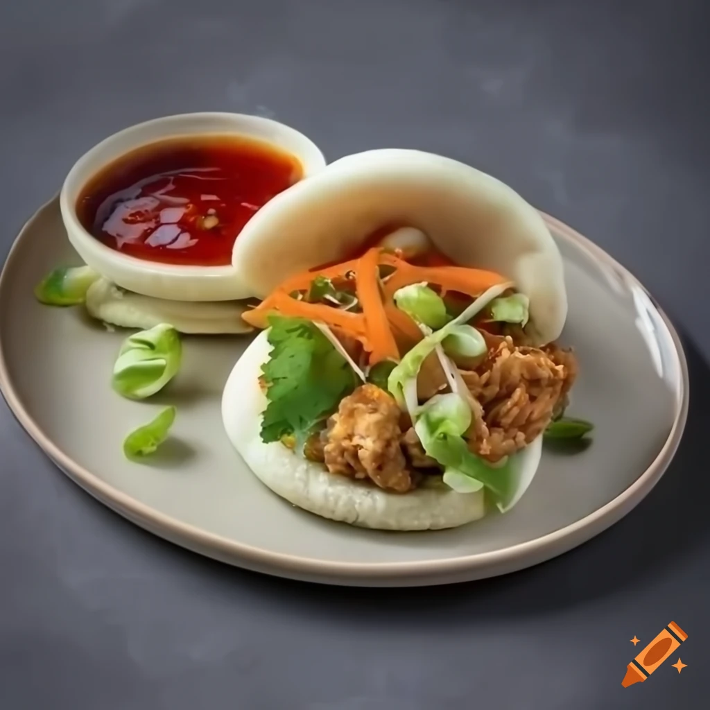 Delicious bao bun with crispy chicken and vegetables on black background