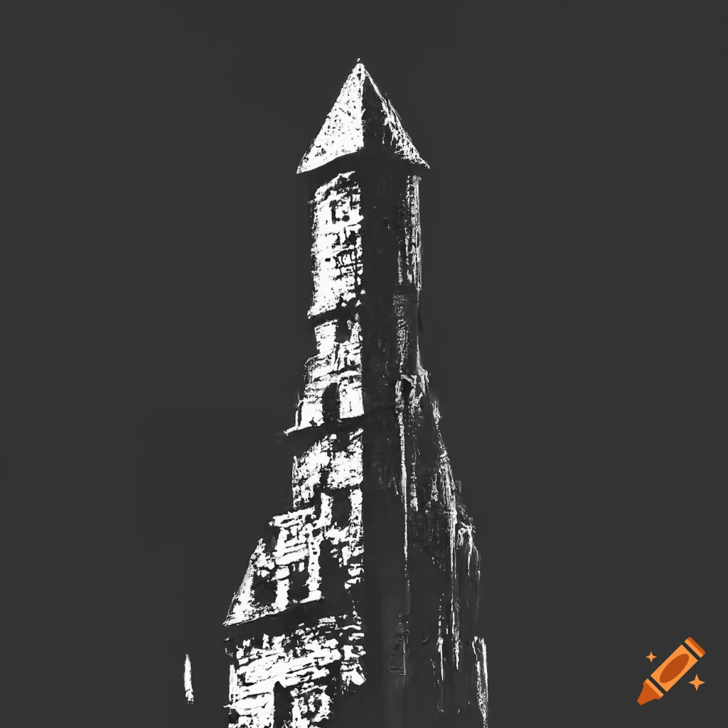 Black metal tower in a gritty black and white greyscale Babylon scene