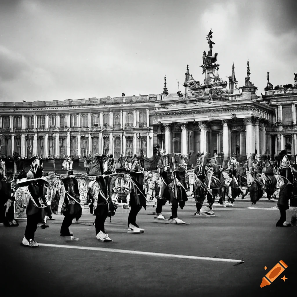Impressive parade of soldiers in front of an ornate palace in historic black and white image