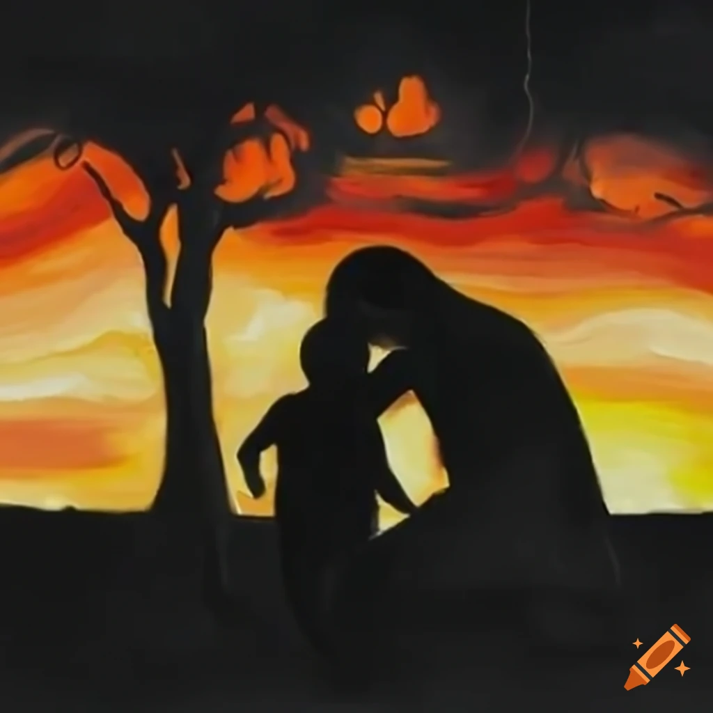 Emotional sunset scene of a mother carrying her son under a starry night, watercolor