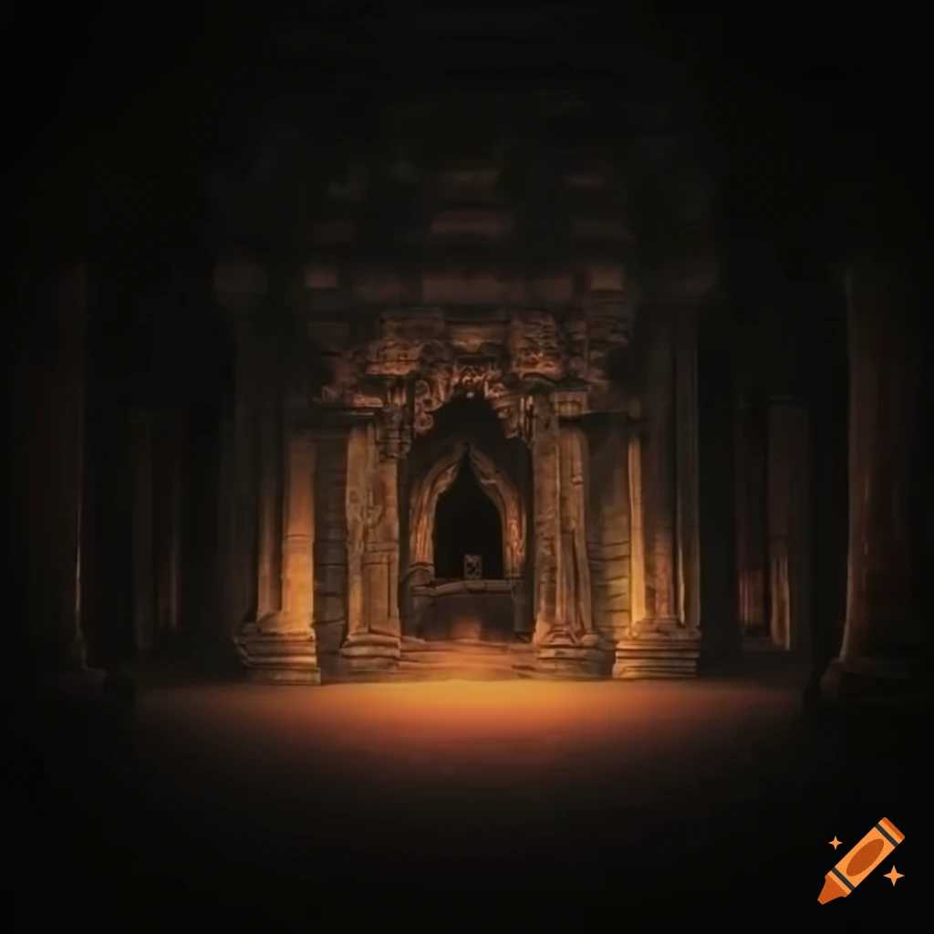 Old temple ruins in a forest at night on Craiyon