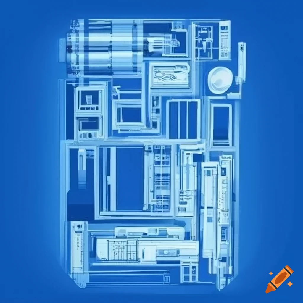 Blueprint drawing of an electrical box with detailed annotations and technical parts on a blue background