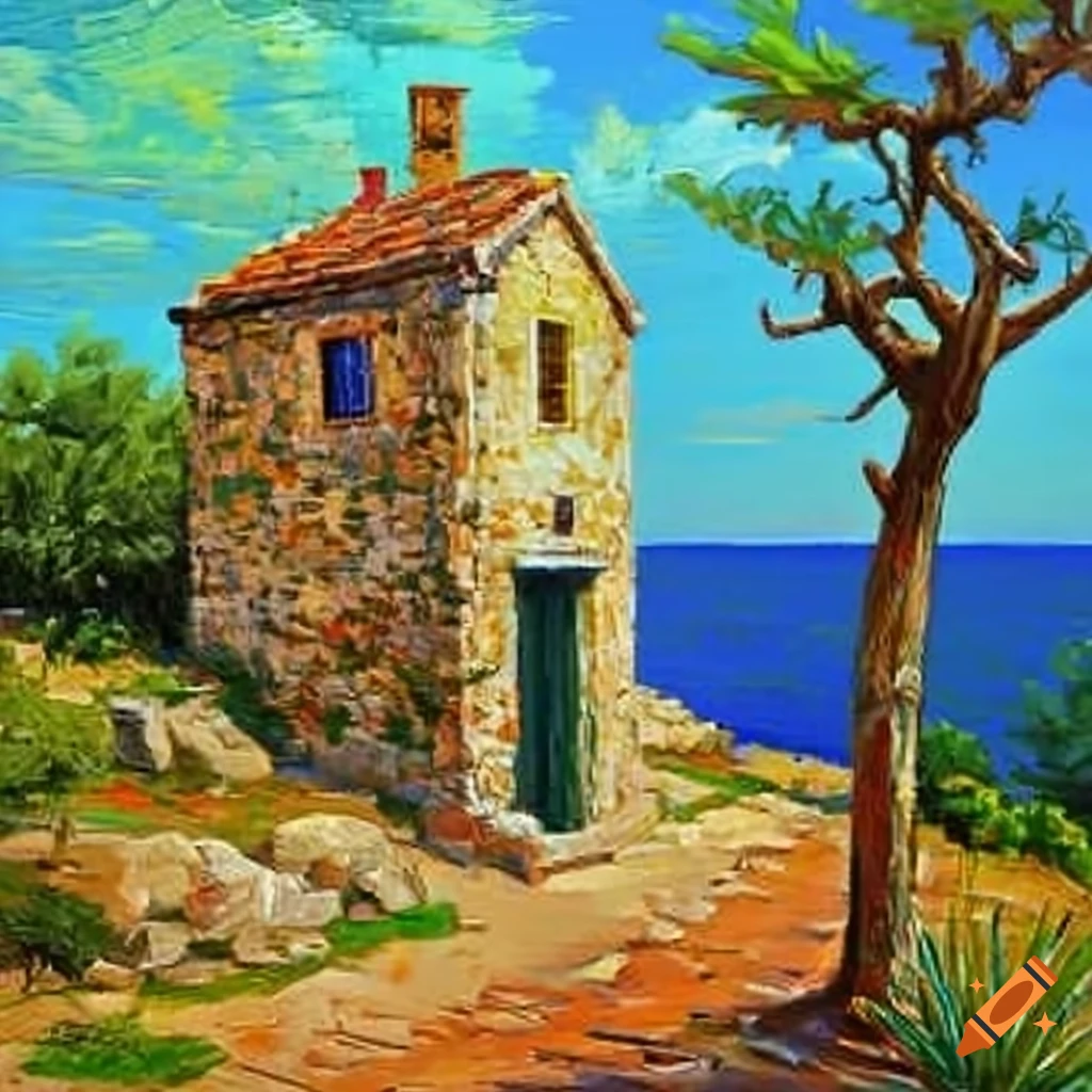 Mediterranean island with stone house and cypress trees in oil painting style by Jacek Yerka