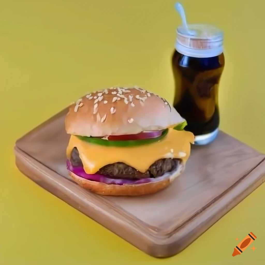 Delicious cheeseburger with coke on yellow background