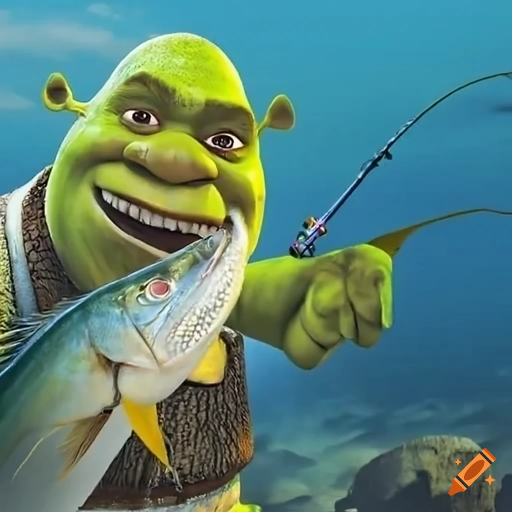 Shrek catching a giant yellow tail kingfish with a surf casting fishing rod  on Craiyon