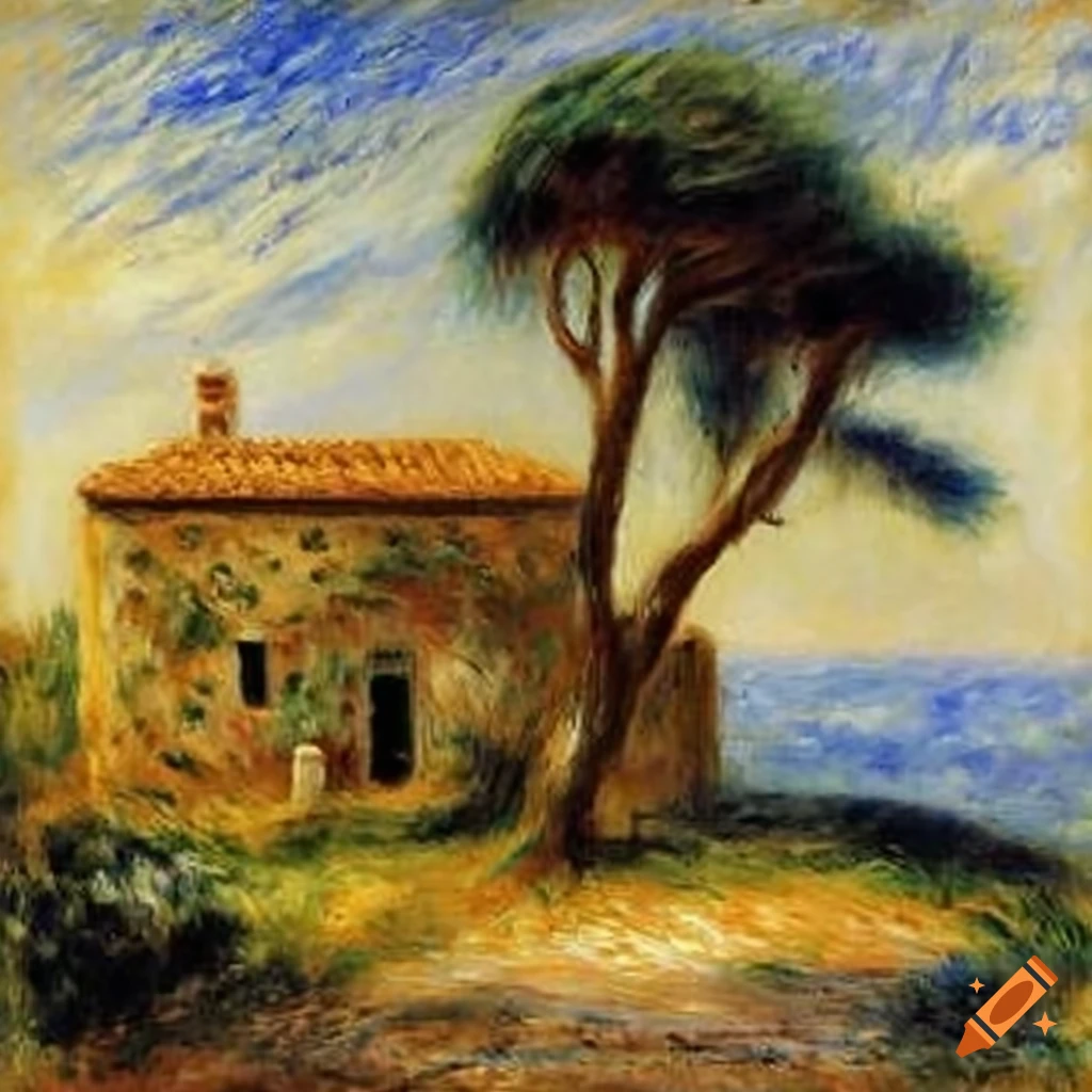 Small island in the Mediterranean with a stone house and cypress trees, oil painting by Renoir