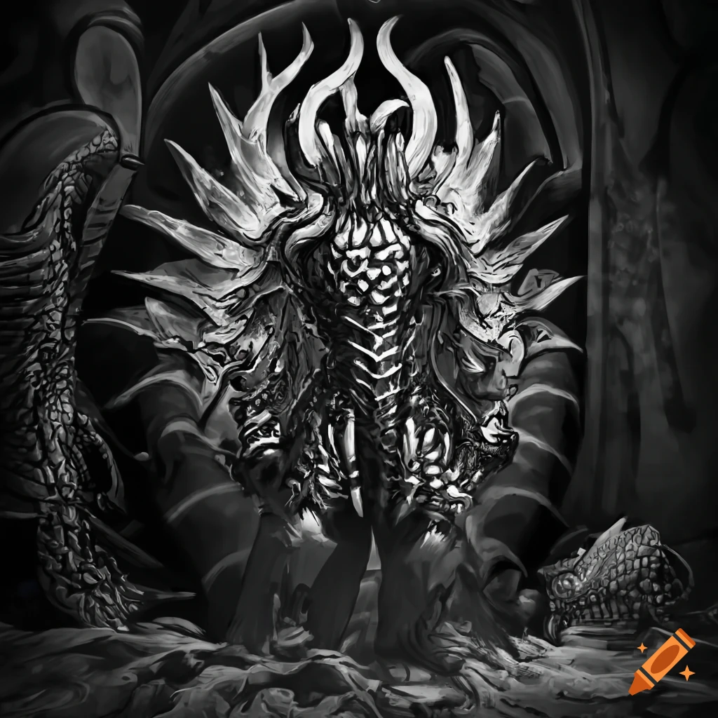 Chaos god in dragon plate armor in black and white