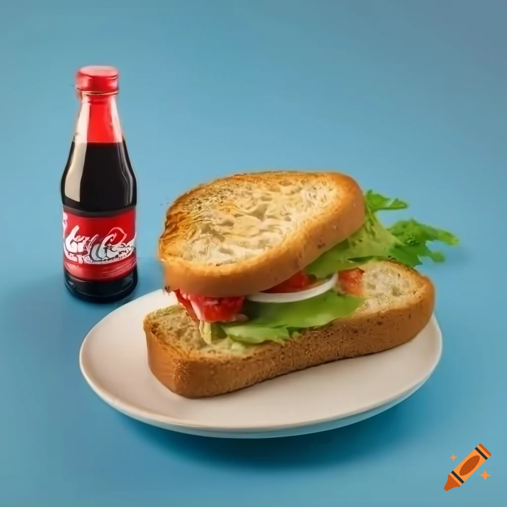 Grilled chicken bread toast sandwich with a bottle of coke on a blue background