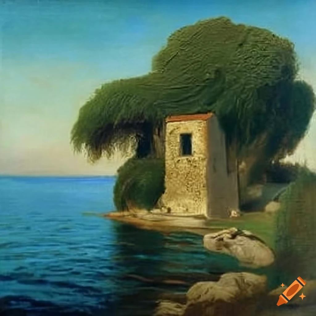 Small island in the Mediterranean with a stone house and cypress trees, oil painting by Arnold Böcklin