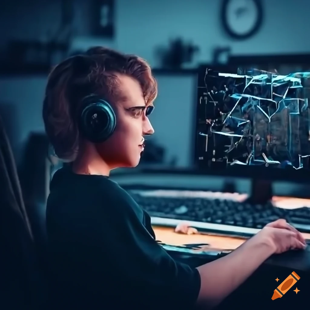 Focused and creative game developer at workstation on Craiyon