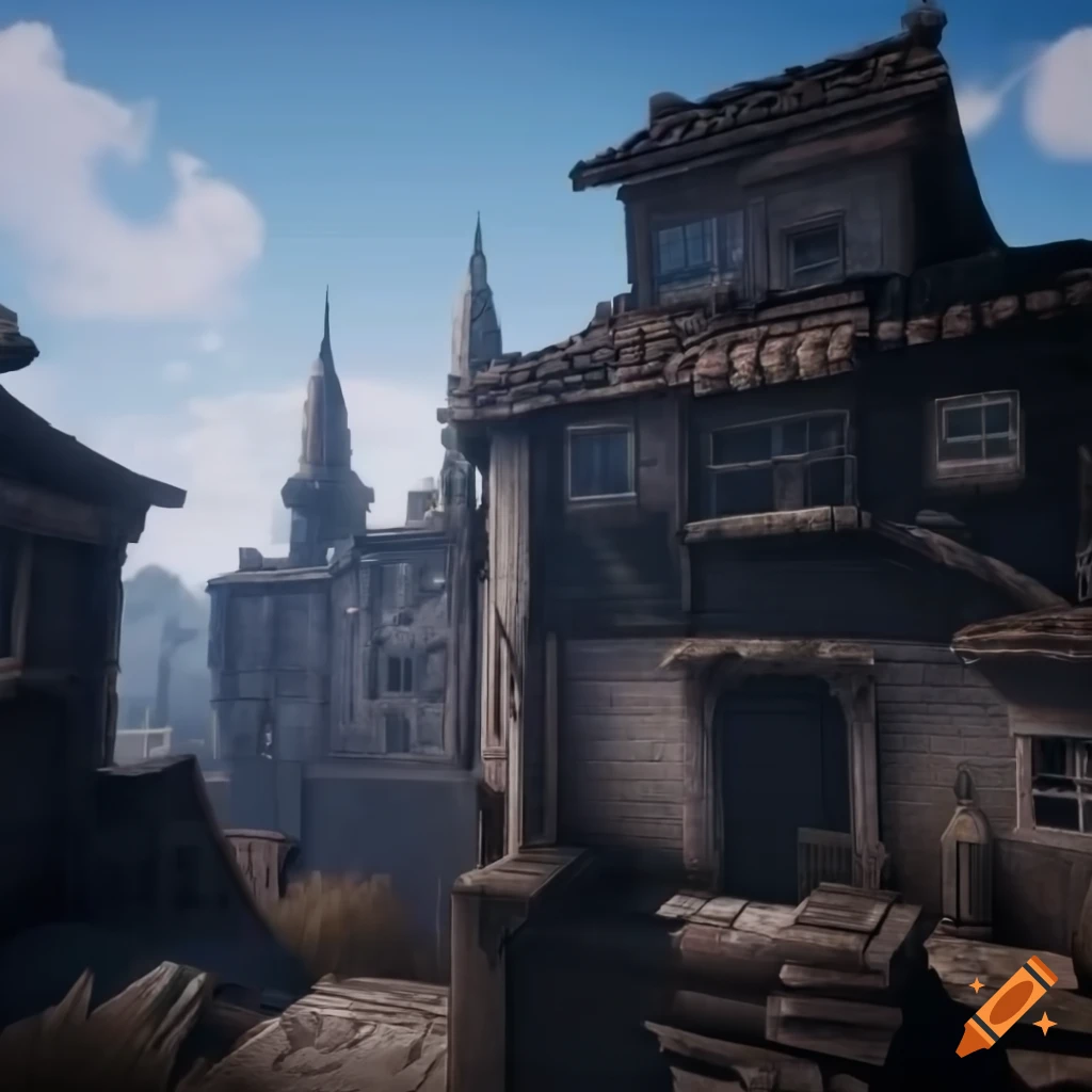 Sci-fi street in Etruscan-Hittite-Viking style city with historical houses and black skyscrapers