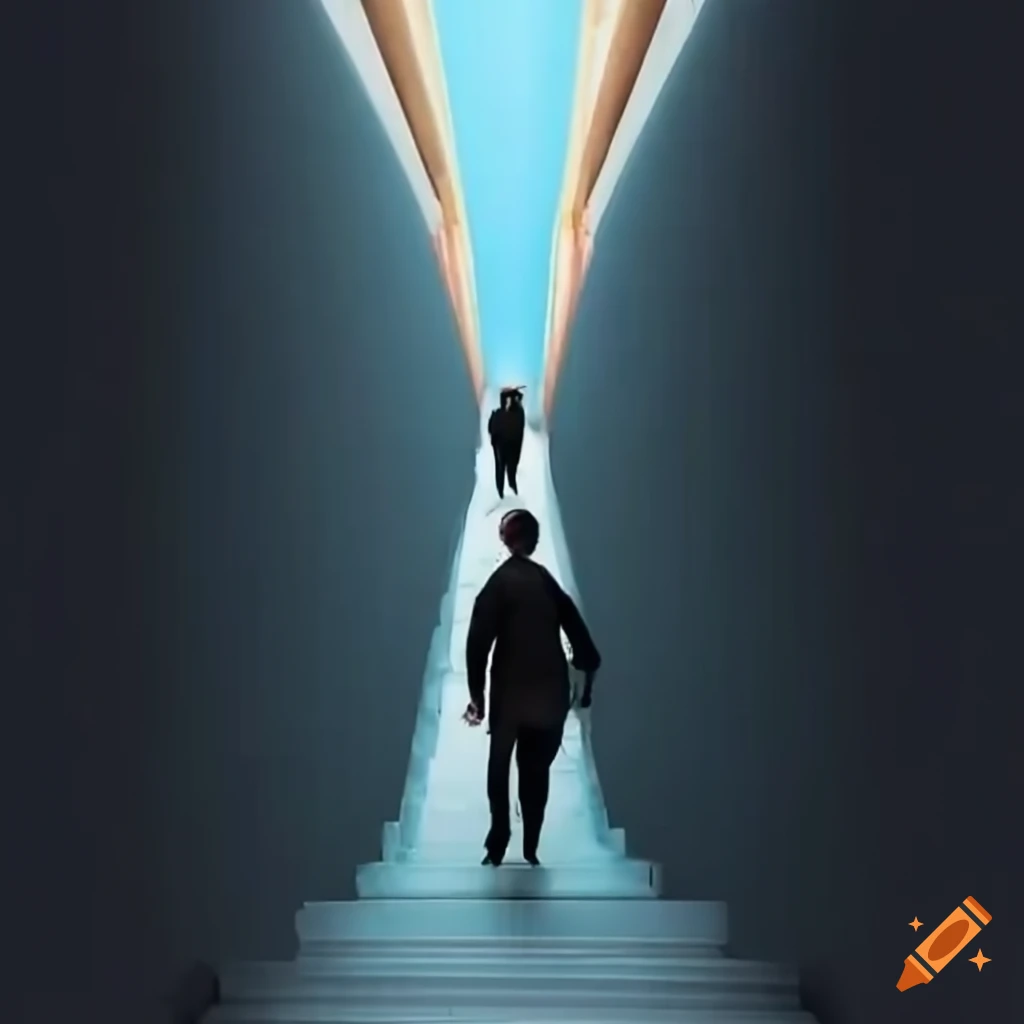 Man walking up staircase towards his wife at the top