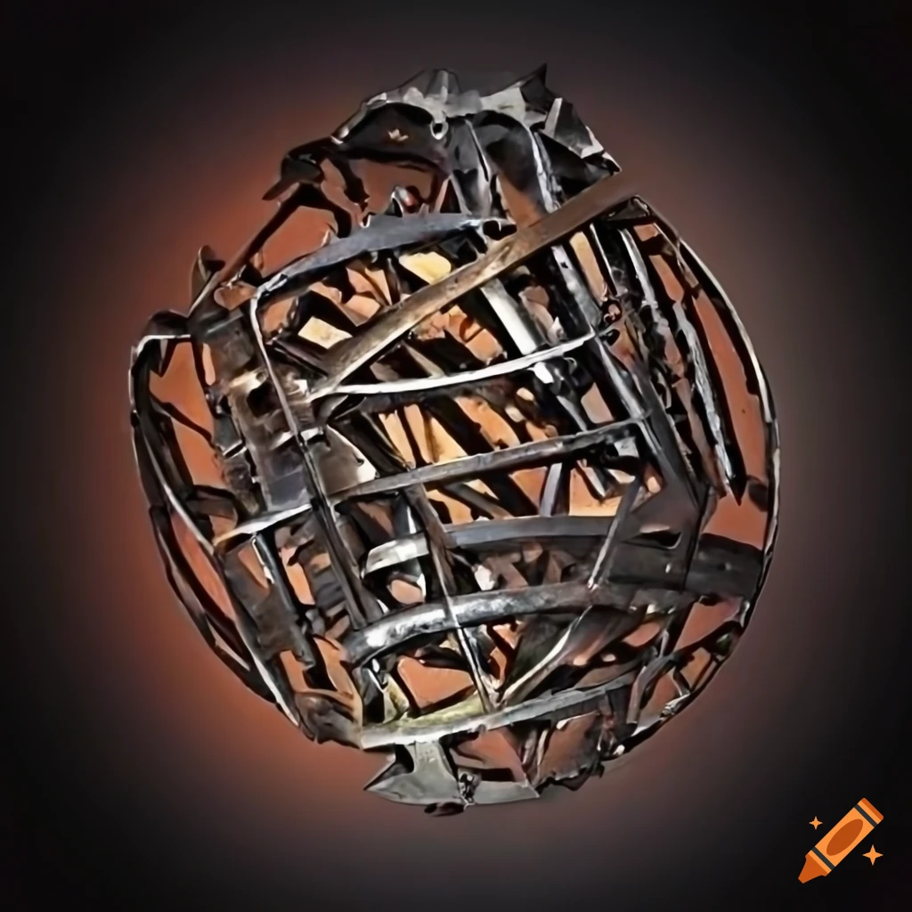 Chaos of broken instruments in a junkyard with a Zelda steel sculpture by MC Escher inspired 2-colour maze pattern