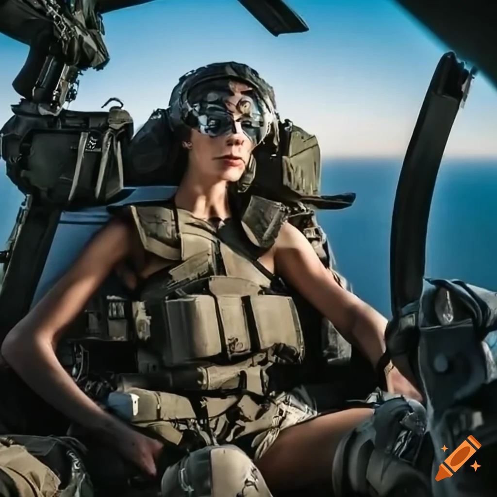 Actress Claudia Black in combat armor riding a Huey Gunship helicopter
